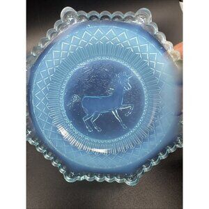 Vintage Glass Unicorn Star Blue Opalescent Octagon Cup Plate Rare HTF